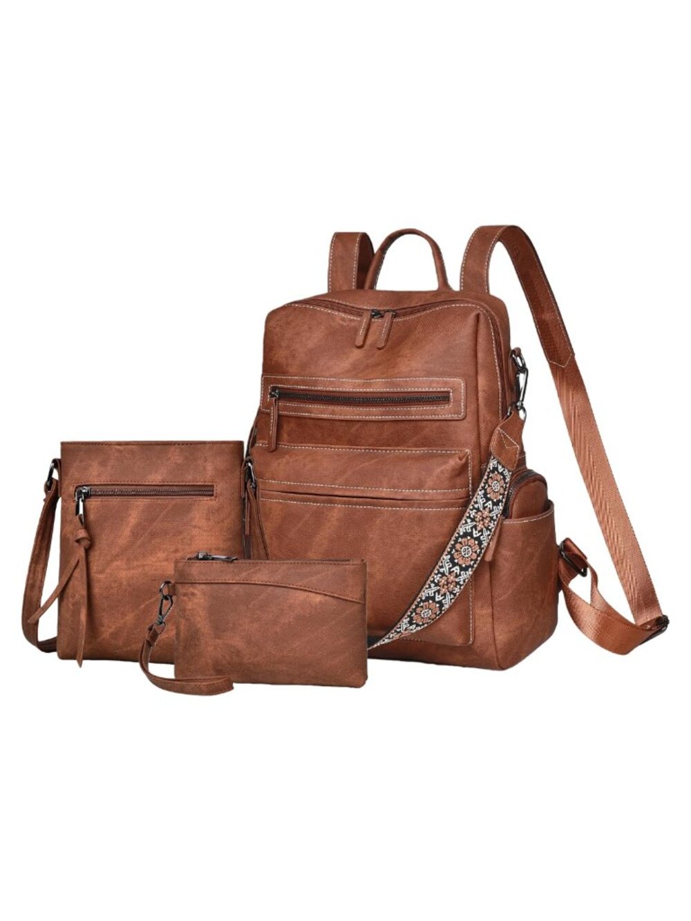 Faux Leather Backpack Purse Set Convertible Shoulder Handbag Travel